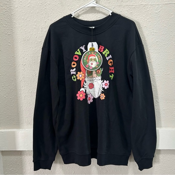 Better/Together Groovy & Bright Santa Print Black Sweatshirt Size L NWT - Picture 1 of 5